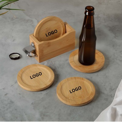 Bamboo Coaster Set w/Bottle Opener