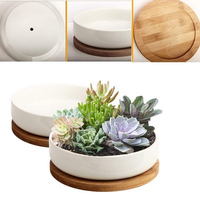 6" White Ceramic Flower Planter Pot with Bamboo Tray