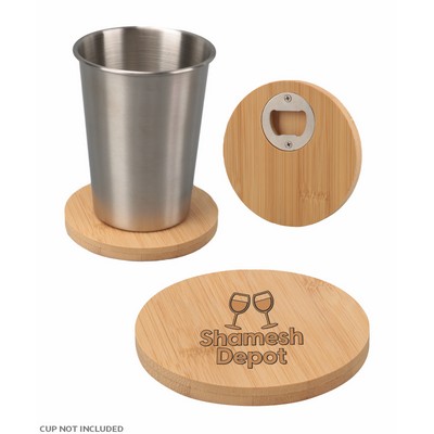 Union Printed - 4" Round Bamboo Coaster with Beer Opener - Laser Engraved Logo